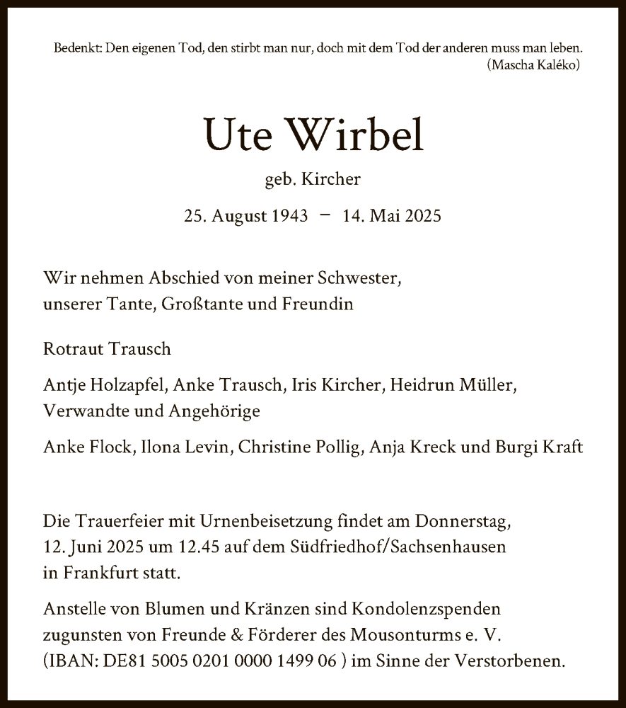 Traueranzeige für Ute Wirbel vom 24.05.2025 aus FNP
