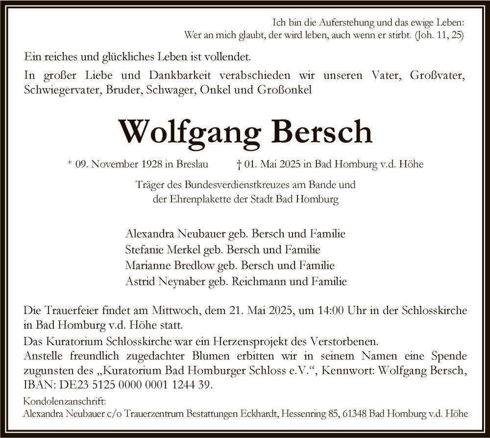  Traueranzeige für Wolfgang Bersch vom 10.05.2025 aus FNP