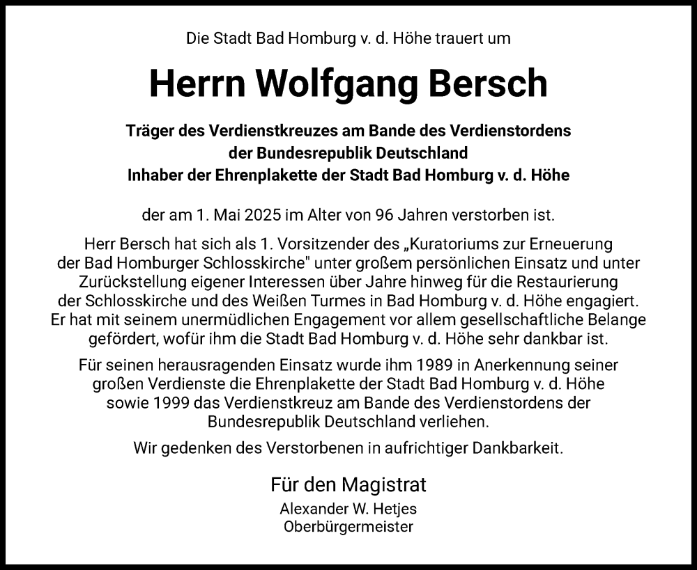  Traueranzeige für Wolfgang Bersch vom 17.05.2025 aus FNP