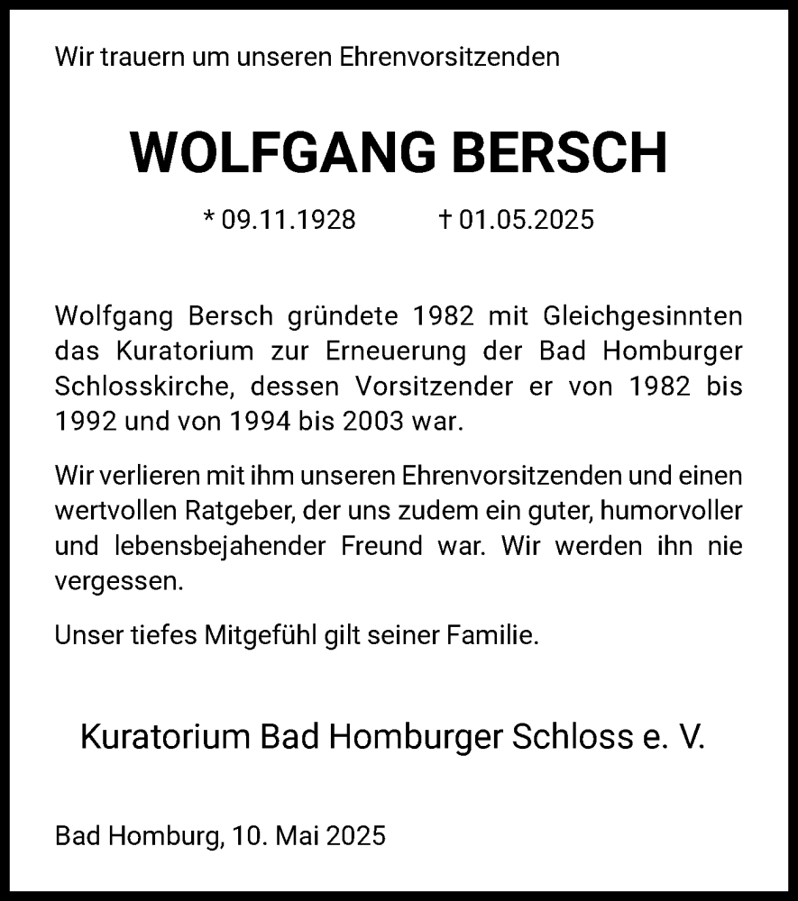  Traueranzeige für Wolfgang Bersch vom 10.05.2025 aus FNP