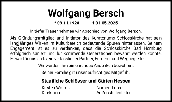 Traueranzeige von Wolfgang Bersch von FNP