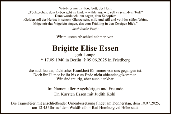 Traueranzeige von Brigitte Elise Essen von FNP