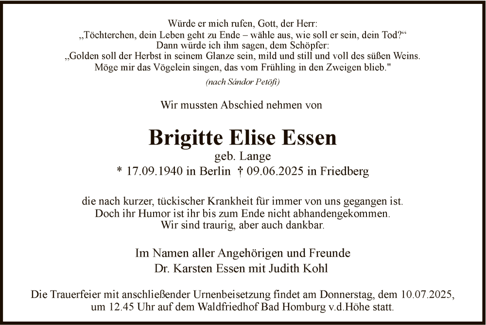  Traueranzeige für Brigitte Elise Essen vom 21.06.2025 aus FNP