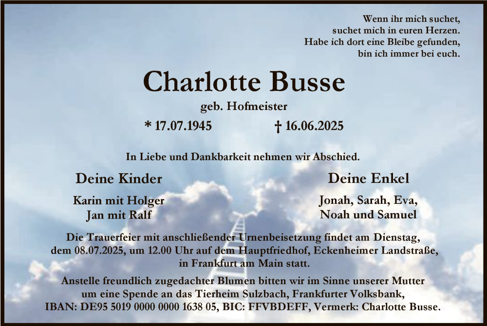  Traueranzeige für Charlotte Busse vom 28.06.2025 aus FNP