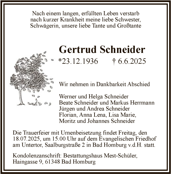 Traueranzeige von Gertrud Schneider von FNP