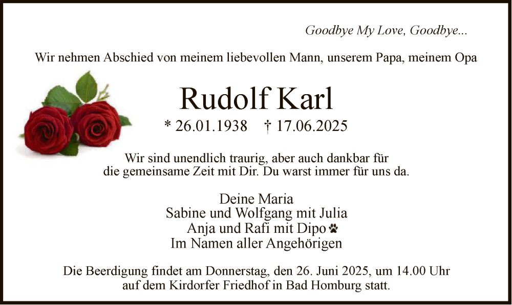  Traueranzeige für Rudolf Karl vom 25.06.2025 aus FNP