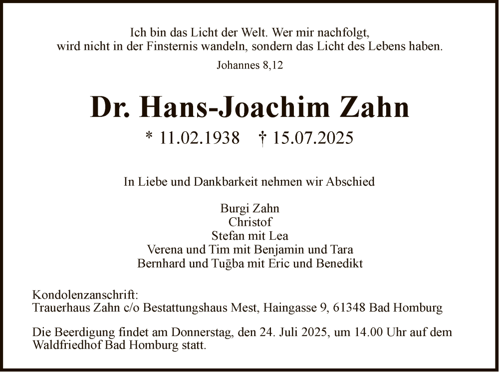  Traueranzeige für Hans-Joachim Zahn vom 19.07.2025 aus FNP