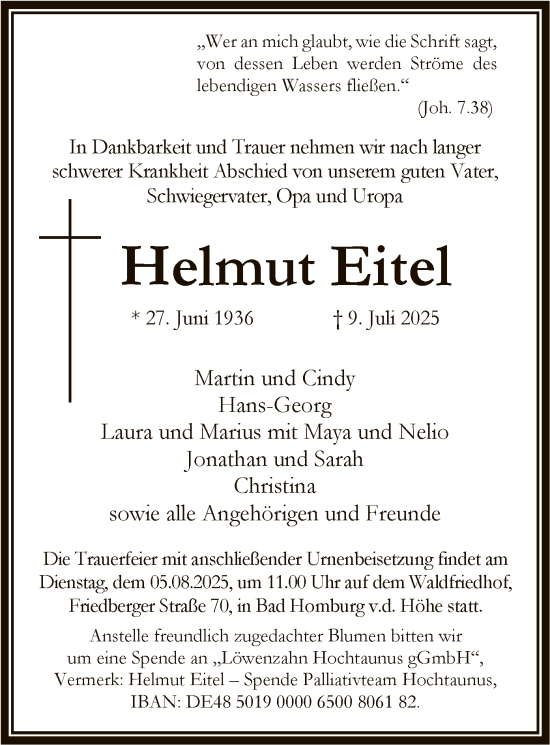 Traueranzeige von Helmut Eitel von FNP