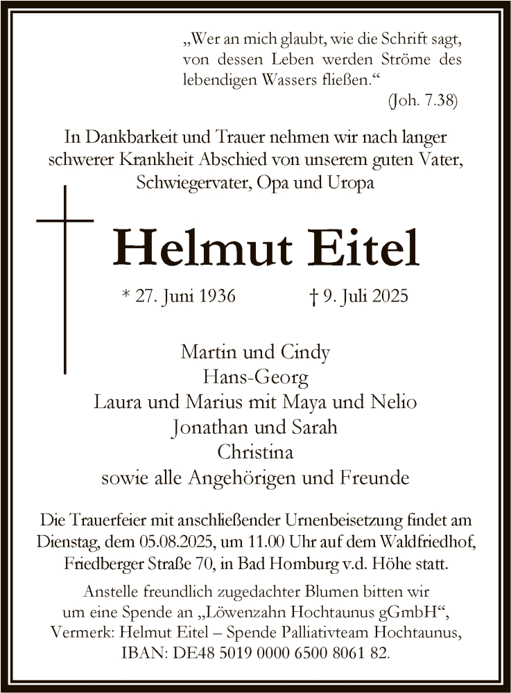  Traueranzeige für Helmut Eitel vom 26.07.2025 aus FNP