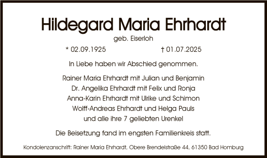 Traueranzeige von Hildegard Maria Ehrhardt von FNP