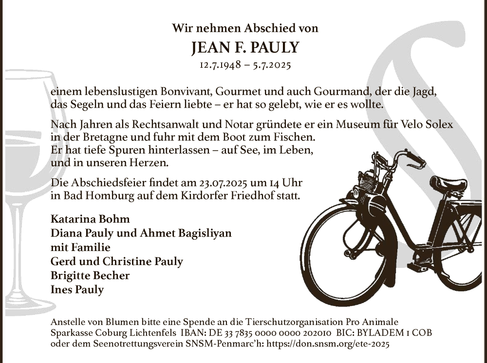  Traueranzeige für Jean F. Pauly vom 19.07.2025 aus FNP