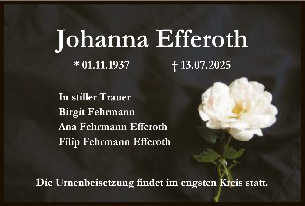  Traueranzeige für Johanna Efferoth vom 19.07.2025 aus FNP