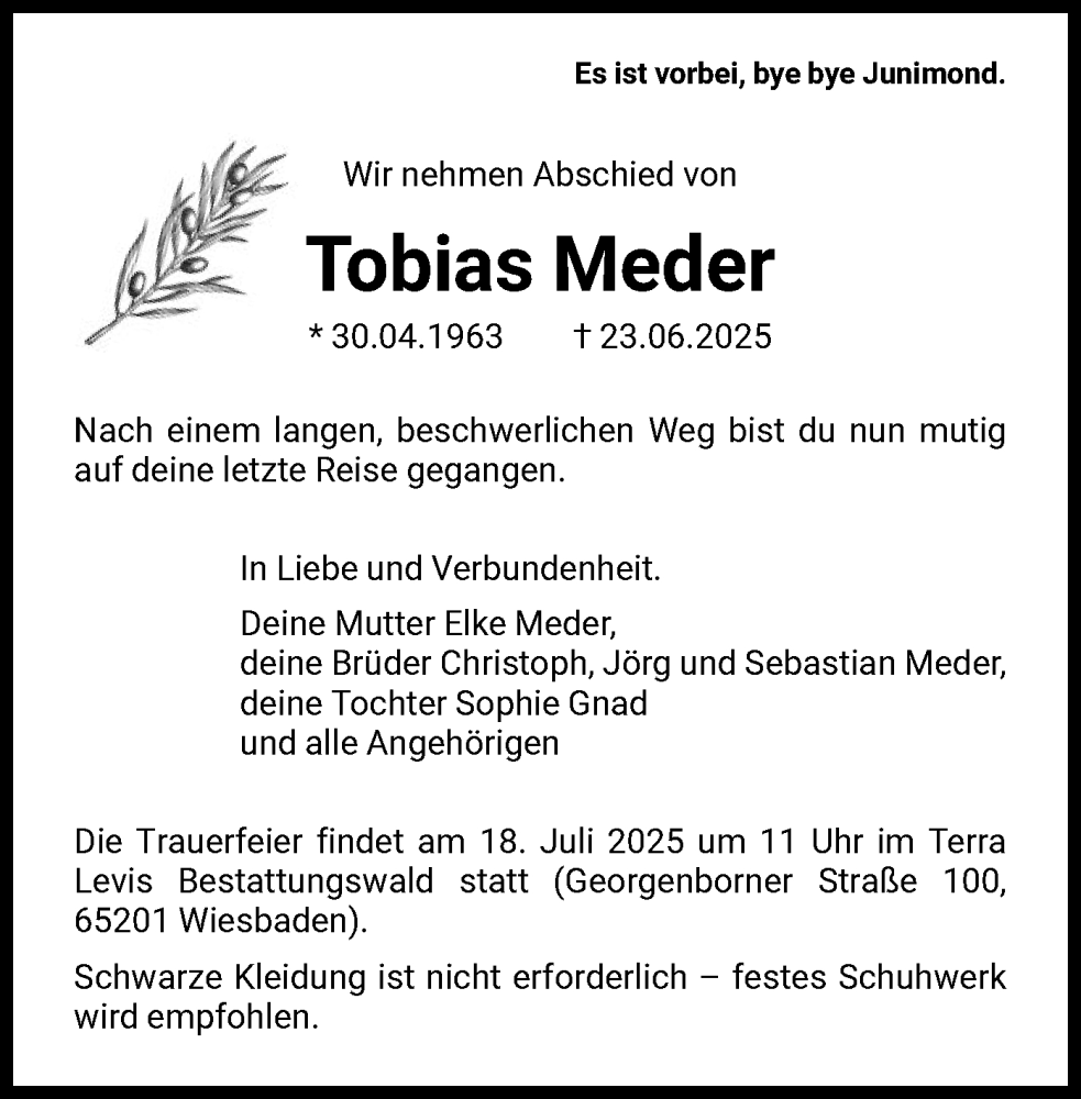  Traueranzeige für Tobias Meder vom 05.07.2025 aus FNP