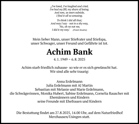 Traueranzeige von Achim Bank von FNP