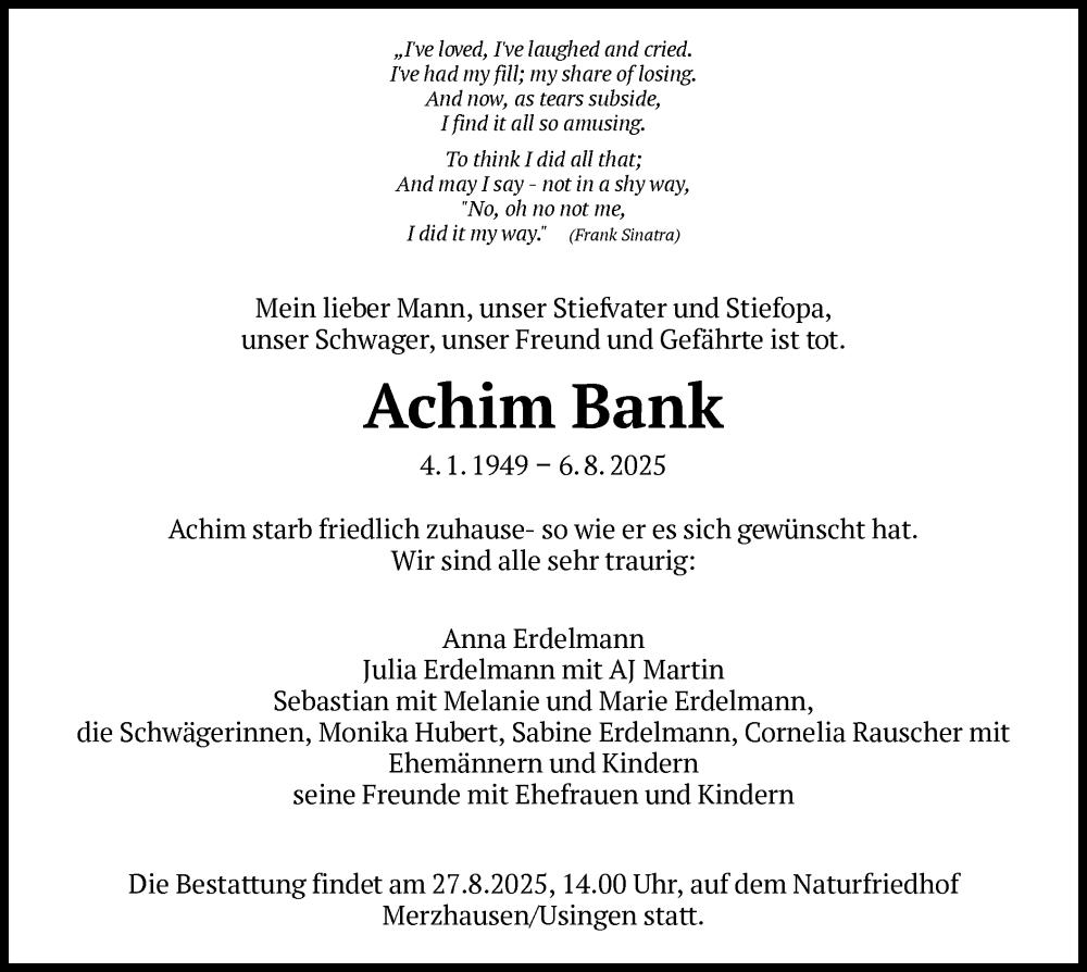  Traueranzeige für Achim Bank vom 12.08.2025 aus FNP
