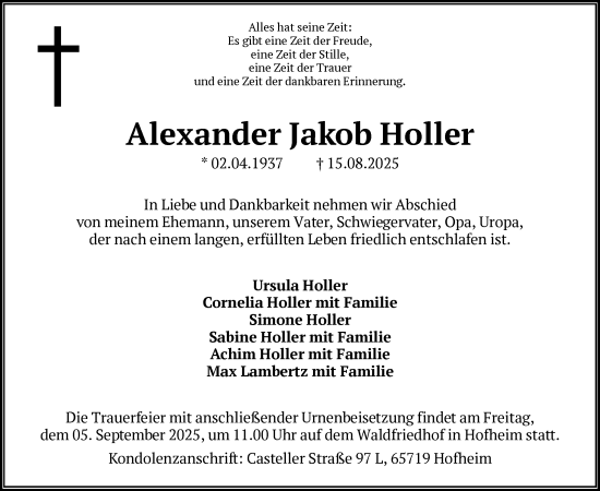 Traueranzeige von Alexander Jakob Holler von FNP