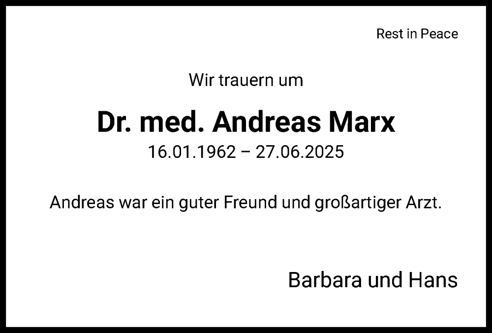  Traueranzeige für Andreas Marx vom 23.08.2025 aus FNP