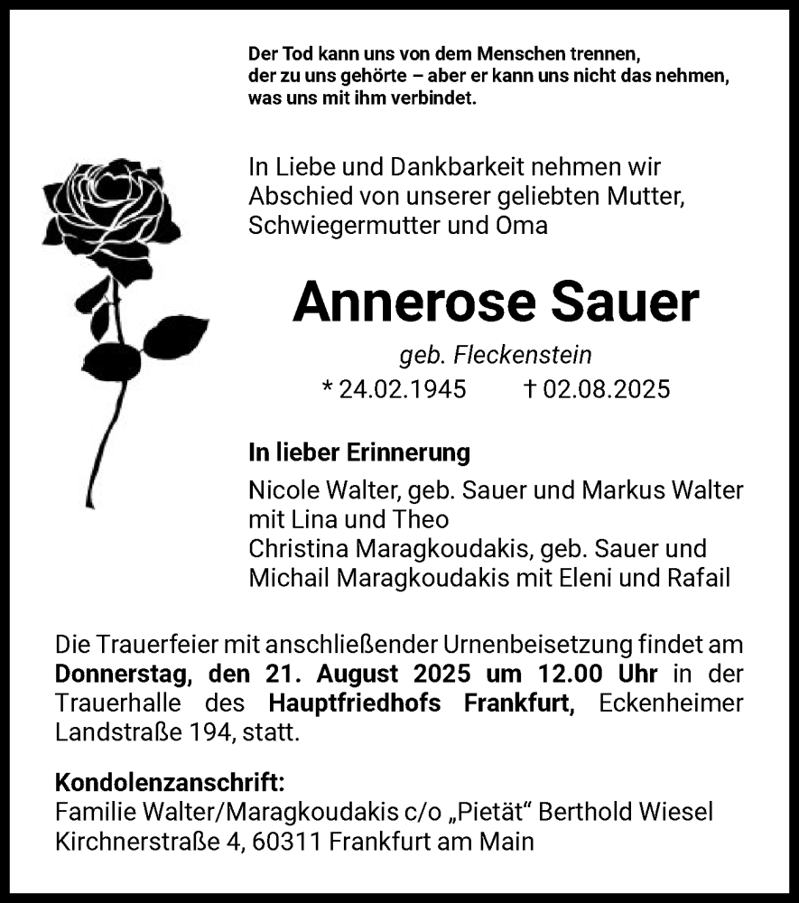  Traueranzeige für Annerose Sauer vom 09.08.2025 aus FNP