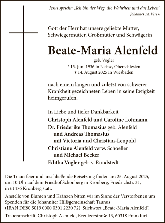 Traueranzeige von Beate-Maria Alenfeld von FNP