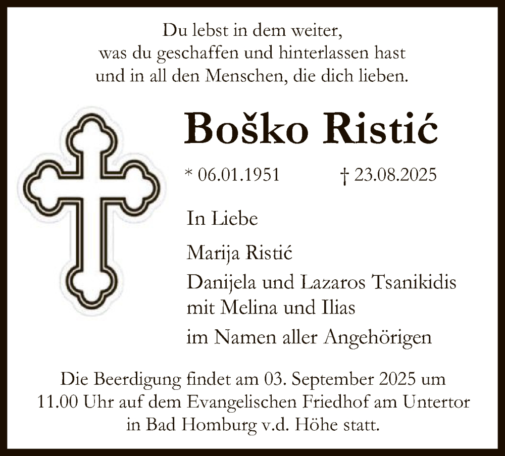  Traueranzeige für Bosko Ristic vom 30.08.2025 aus FNP