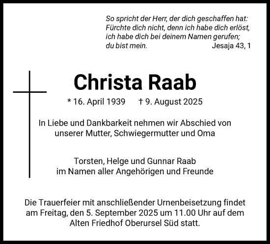 Traueranzeige von Christa Raab von FNP