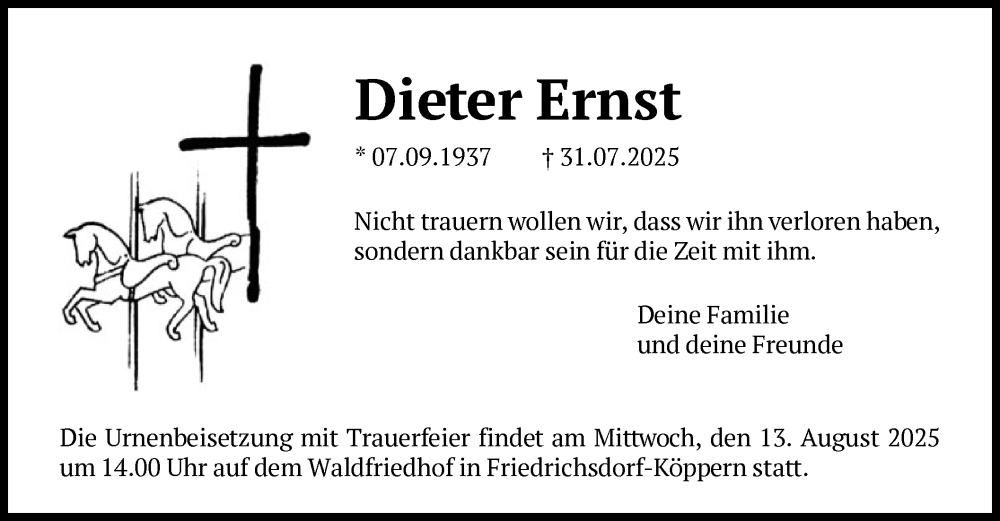  Traueranzeige für Dieter Ernst vom 09.08.2025 aus FNP