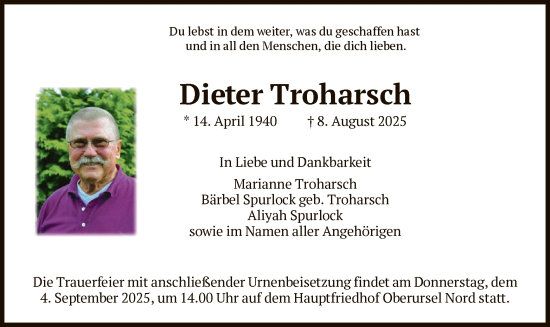 Traueranzeige von Dieter Troharsch von FNP