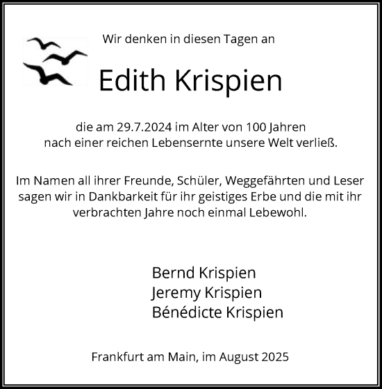 Traueranzeige von Edith Krispien von FNP