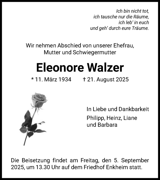 Traueranzeige von Eleonore Walzer von FNP