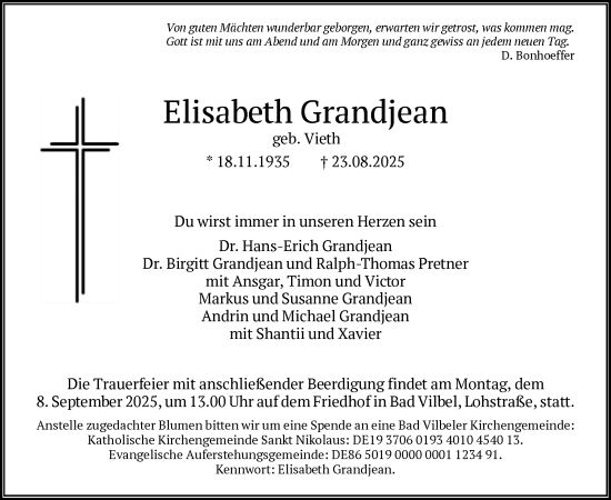 Traueranzeige von Elisabeth Grandjean von FNP