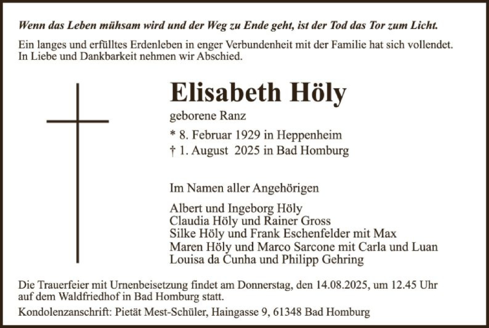  Traueranzeige für Elisabeth Höly vom 09.08.2025 aus FNP