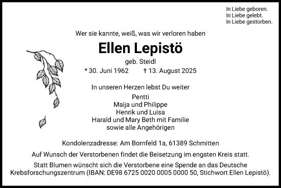 Traueranzeige von Ellen Lepistö von FNP