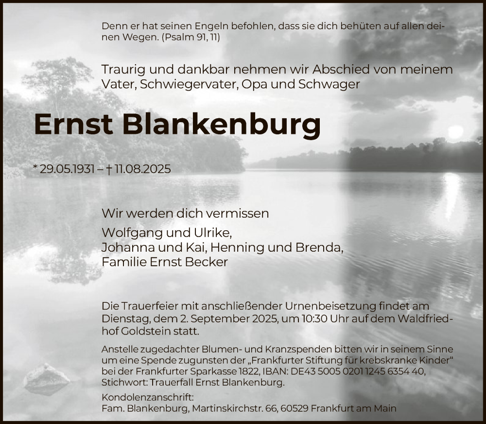  Traueranzeige für Ernst Blankenburg vom 16.08.2025 aus FNP