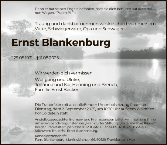 Traueranzeige von Ernst Blankenburg von FNP