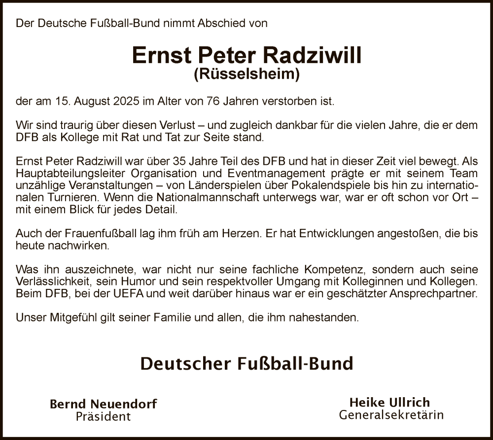  Traueranzeige für Ernst Peter Radziwill vom 30.08.2025 aus FNP