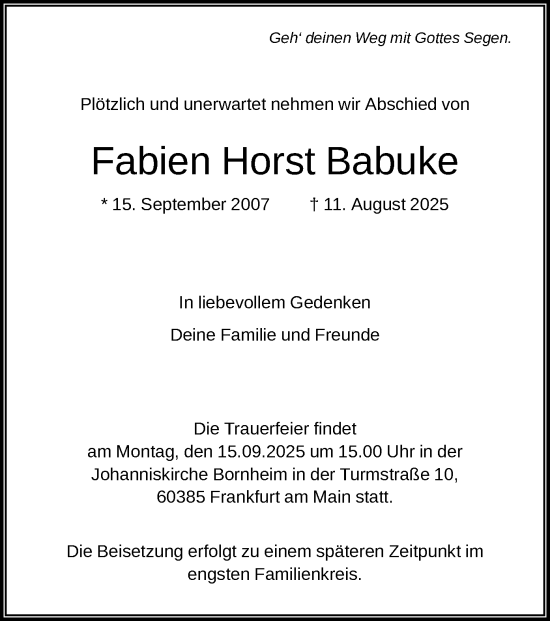 Traueranzeige von Fabien Horst Babuke von FNP