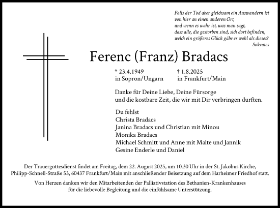 Traueranzeige von Ferenc Bradacs von FNP