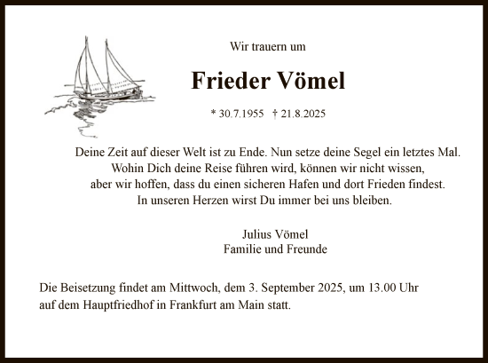Traueranzeige von Frieder Vömel von FNP