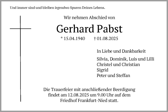Traueranzeige von Gerhard Pabst von FNP