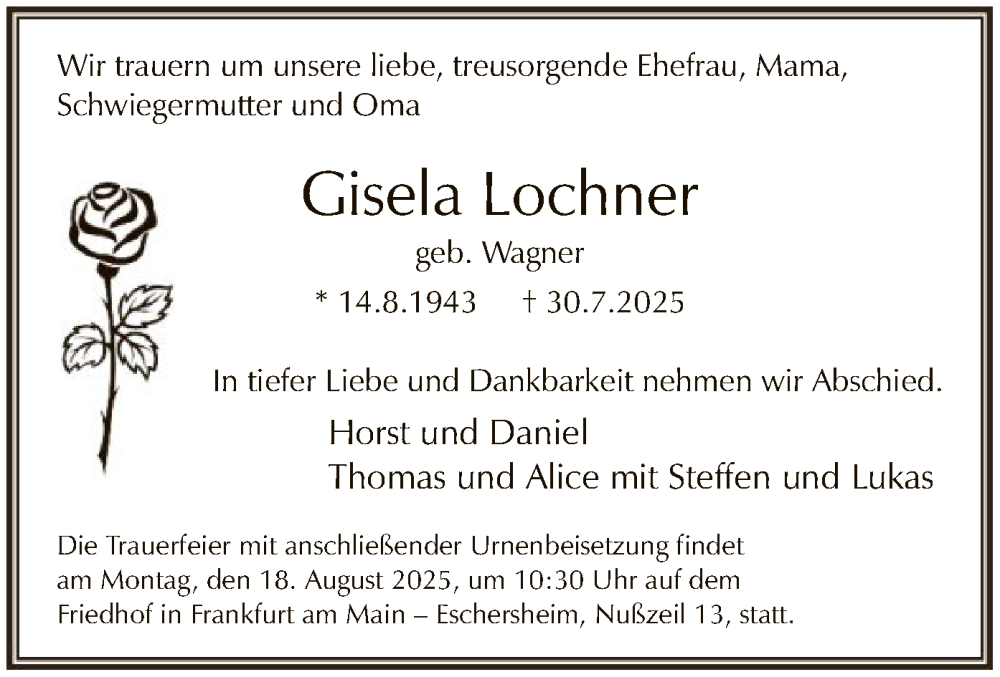  Traueranzeige für Gisela Lochner vom 14.08.2025 aus FNP