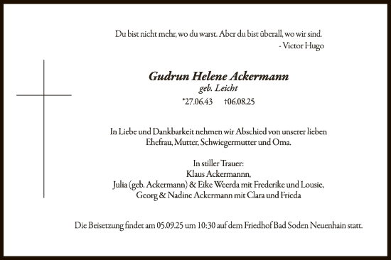 Traueranzeige von Gudrun Helene Ackermann von FNP