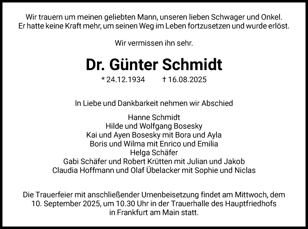  Traueranzeige für Günter Schmidt vom 30.08.2025 aus FNP