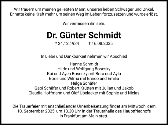 Traueranzeige von Günter Schmidt von FNP