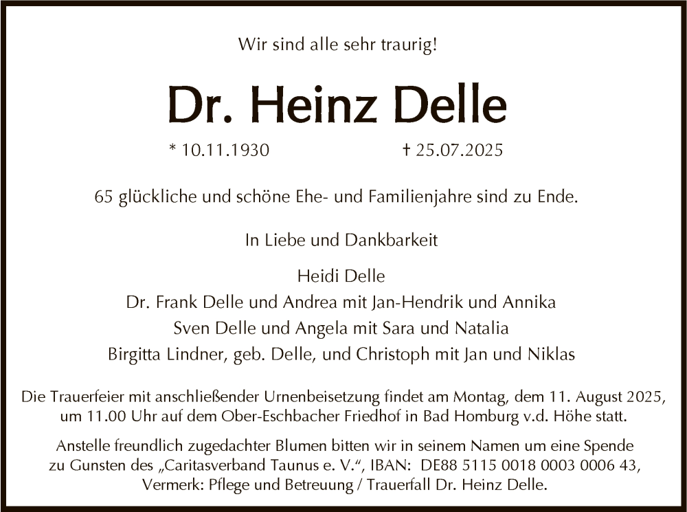  Traueranzeige für Heinz Delle vom 02.08.2025 aus FNP
