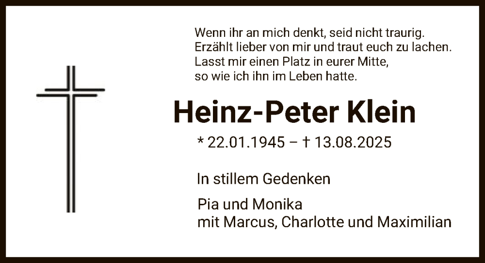  Traueranzeige für Heinz-Peter Klein vom 19.08.2025 aus FNP