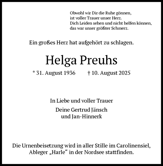 Traueranzeige von Helga Preuhs von FNP