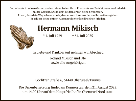 Traueranzeige von Hermann Mikisch von FNP