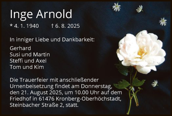 Traueranzeige von Inge Arnold von FNP