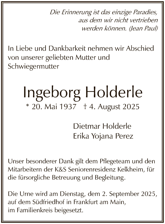 Traueranzeige von Ingeborg Holderle von FNP