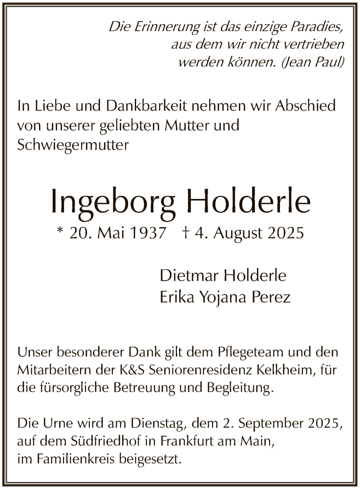  Traueranzeige für Ingeborg Holderle vom 30.08.2025 aus FNP